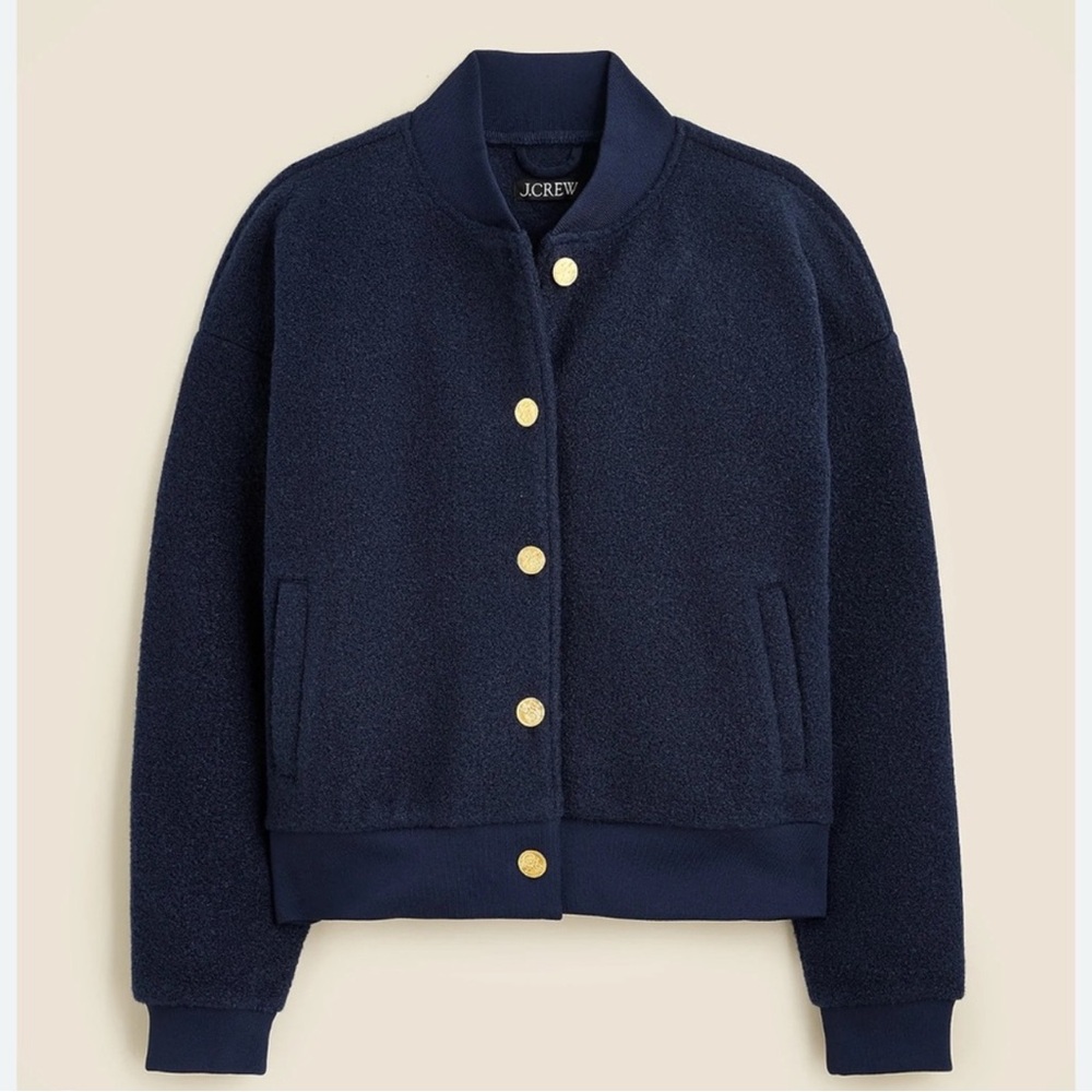 J. Crew Boucle Navy Blue Gold Button Up Bomber Flight Varsity Jacket Coat XXS